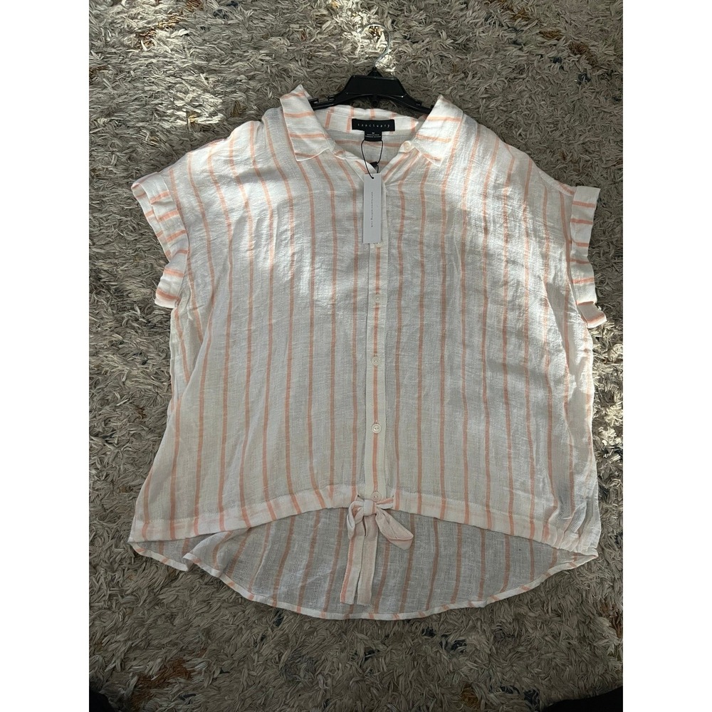 Sanctuary Womens Linen Blend Striped Button Front Tie Waist Shirt M